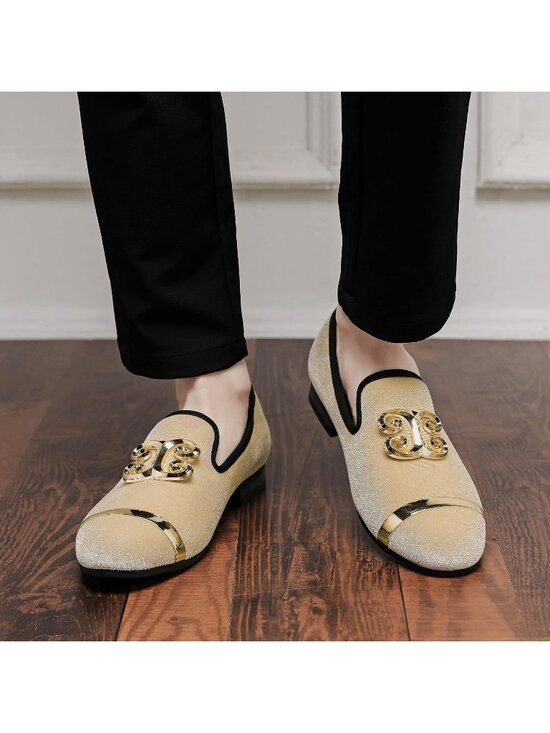 FQEQNQG Men\'s Beige Velvet Loafers Gold Ornate Buckle Penny Slip On Casual Shoes main image 5